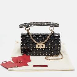 Pre Owned Valentino Black Patent Leather Small Rockstud Spike Top Handle Bag