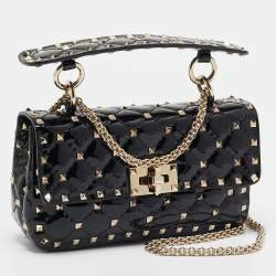 Pre Owned Valentino Black Patent Leather Small Rockstud Spike Top Handle Bag