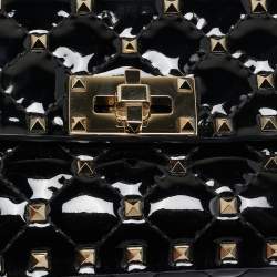 Pre Owned Valentino Black Patent Leather Small Rockstud Spike Top Handle Bag