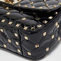 Pre Owned Valentino Black Patent Leather Small Rockstud Spike Top Handle Bag