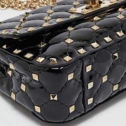 Pre Owned Valentino Black Patent Leather Small Rockstud Spike Top Handle Bag