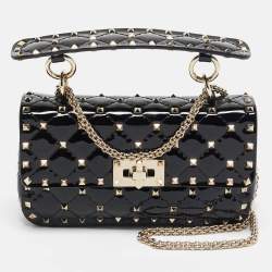 Pre Owned Valentino Black Patent Leather Small Rockstud Spike Top Handle Bag