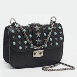 Valentino Black Leather Star Studded Glam Lock Shoulder Bag