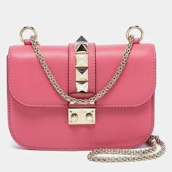 Valentino Pink Leather Small Rockstud Glam Lock Flap Bag