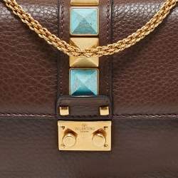 Pre Owned Valentino Brown Leather Small Rolling Rockstud Glam Lock Flap Bag