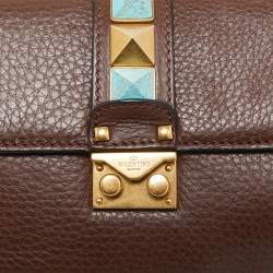 Pre Owned Valentino Brown Leather Small Rolling Rockstud Glam Lock Flap Bag