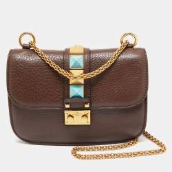 Pre Owned Valentino Brown Leather Small Rolling Rockstud Glam Lock Flap Bag