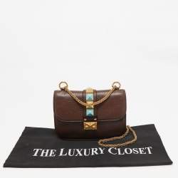 Pre Owned Valentino Brown Leather Small Rolling Rockstud Glam Lock Flap Bag