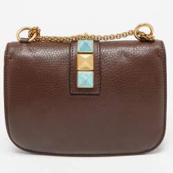 Pre Owned Valentino Brown Leather Small Rolling Rockstud Glam Lock Flap Bag
