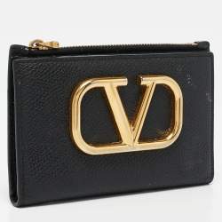 Pre Owned Valentino Black Leather V-Logo Signature Compact Wallet