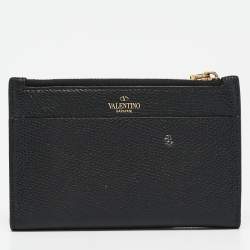 Pre Owned Valentino Black Leather V-Logo Signature Compact Wallet
