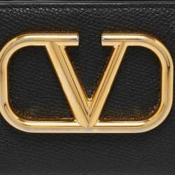 Pre Owned Valentino Black Leather V-Logo Signature Compact Wallet