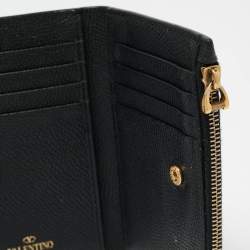 Pre Owned Valentino Black Leather V-Logo Signature Compact Wallet