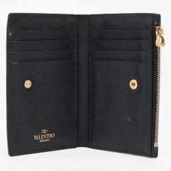 Pre Owned Valentino Black Leather V-Logo Signature Compact Wallet