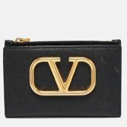 Pre Owned Valentino Black Leather V-Logo Signature Compact Wallet
