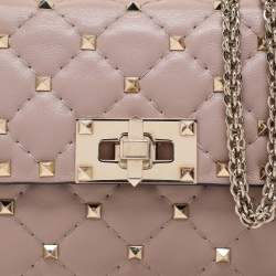 Pre Owned Valentino Beige Leather Small Rockstud Spike Top Handle Bag