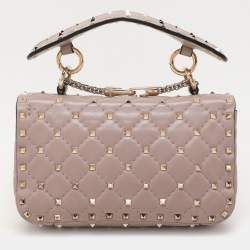 Pre Owned Valentino Beige Leather Small Rockstud Spike Top Handle Bag