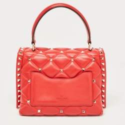 Pre Owned Valentino Red Quilted Leather Medium Candystud Top Handle Bag