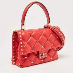 Pre Owned Valentino Red Quilted Leather Medium Candystud Top Handle Bag