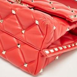 Pre Owned Valentino Red Quilted Leather Medium Candystud Top Handle Bag