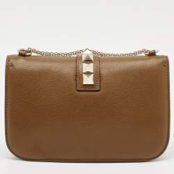 Pre Owned Valentino Brown Leather Medium Rockstud Glam Lock Flap Bag