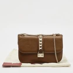 Pre Owned Valentino Brown Leather Medium Rockstud Glam Lock Flap Bag