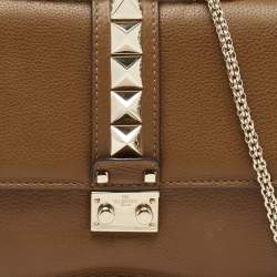 Pre Owned Valentino Brown Leather Medium Rockstud Glam Lock Flap Bag