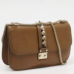 Pre Owned Valentino Brown Leather Medium Rockstud Glam Lock Flap Bag