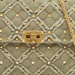 Pre Owned Valentino Olive Green Quilted Denim Medium Rockstud Spike Top Handle Bag