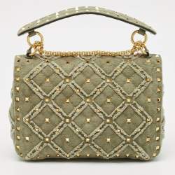 Pre Owned Valentino Olive Green Quilted Denim Medium Rockstud Spike Top Handle Bag