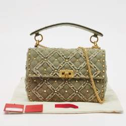 Pre Owned Valentino Olive Green Quilted Denim Medium Rockstud Spike Top Handle Bag