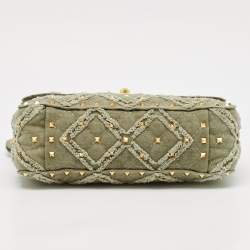 Pre Owned Valentino Olive Green Quilted Denim Medium Rockstud Spike Top Handle Bag