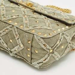 Pre Owned Valentino Olive Green Quilted Denim Medium Rockstud Spike Top Handle Bag