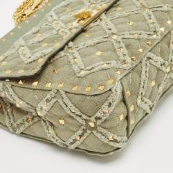 Pre Owned Valentino Olive Green Quilted Denim Medium Rockstud Spike Top Handle Bag