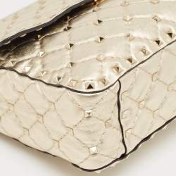 Pre Owned Valentino Gold Quilted Leather Medium Rockstud Spike Top Handle Bag