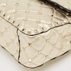 Pre Owned Valentino Gold Quilted Leather Medium Rockstud Spike Top Handle Bag