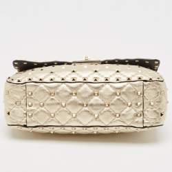 Pre Owned Valentino Gold Quilted Leather Medium Rockstud Spike Top Handle Bag