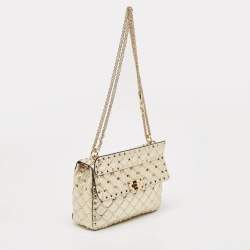 Pre Owned Valentino Gold Quilted Leather Medium Rockstud Spike Top Handle Bag