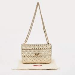 Pre Owned Valentino Gold Quilted Leather Medium Rockstud Spike Top Handle Bag