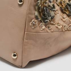 Pre Owned Valentino Beige Leather Sequin Beaded Applique Tote