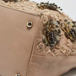 Pre Owned Valentino Beige Leather Sequin Beaded Applique Tote