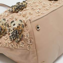 Pre Owned Valentino Beige Leather Sequin Beaded Applique Tote