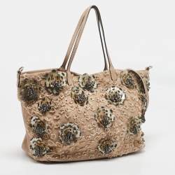 Pre Owned Valentino Beige Leather Sequin Beaded Applique Tote
