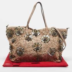 Pre Owned Valentino Beige Leather Sequin Beaded Applique Tote