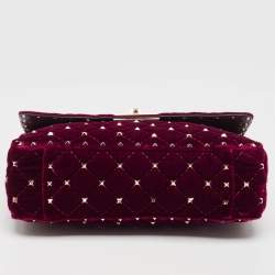 Pre Owned Valentino Burgundy Quilted Velvet Medium Rockstud Spike Top Handle Bag