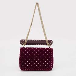 Pre Owned Valentino Burgundy Quilted Velvet Medium Rockstud Spike Top Handle Bag