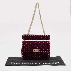 Pre Owned Valentino Burgundy Quilted Velvet Medium Rockstud Spike Top Handle Bag