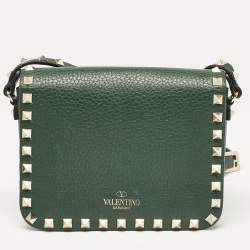 Pre Owned Valentino Green Leather Rockstud Flap Shoulder Bag
