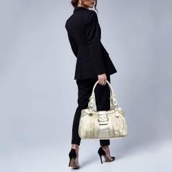 Valentino Gold Pleated Leather Crystal Catch Satchel