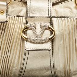 Valentino Gold Pleated Leather Crystal Catch Satchel